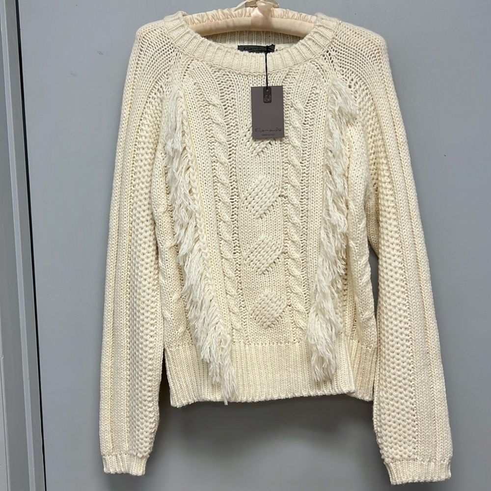 NWT Anthropologie Elsamanda Alpaca Wool Blend Fringed Knit Sweater Size Large